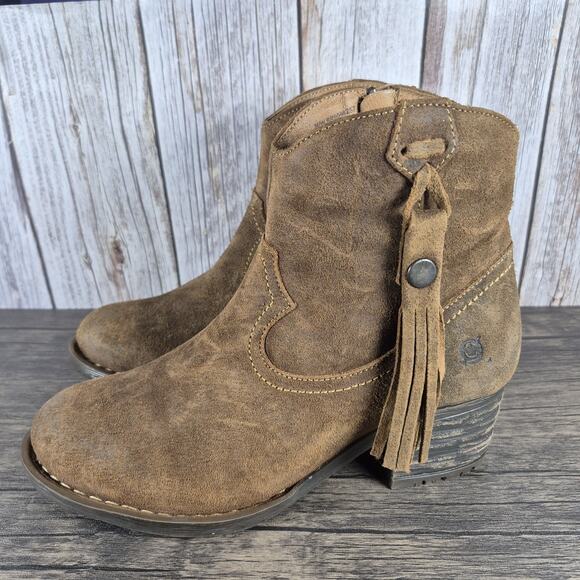 Born Shoes - Born Alondra Fringe Block Heel Cowboy Western Tassle Boots Women's 8 Brown Suede